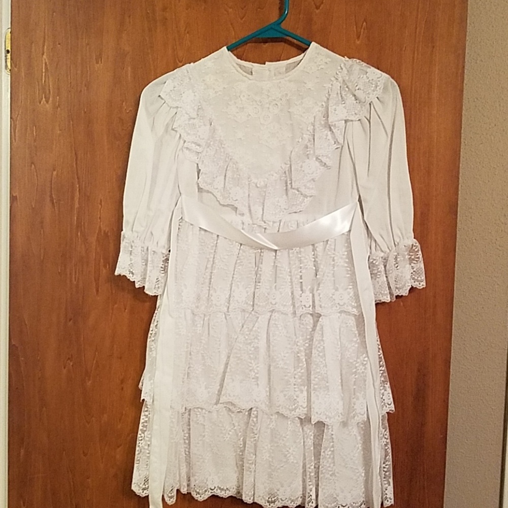 Girls white lace dress. Cotton dress with lace and satin waist ribbon.
